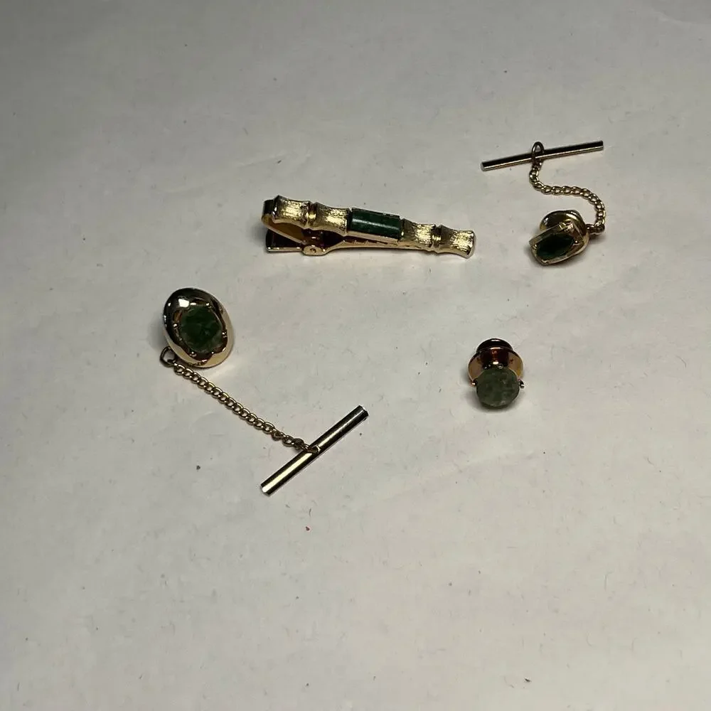 Tie Tacks Jade Yellow Gold plated tie tacks and lapel pin